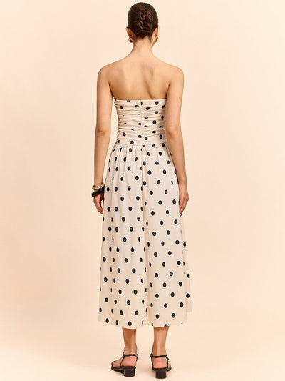 Robe midi froncée sans bretelles à pois