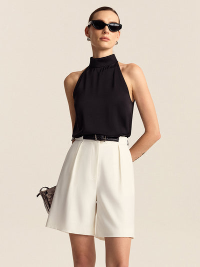 Short mi-taille plissé ceinturé