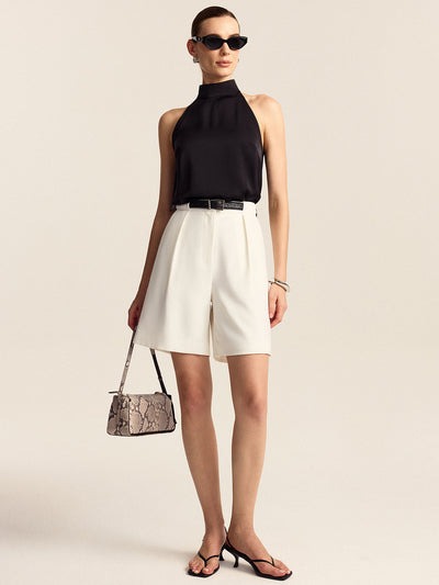 Short mi-taille plissé ceinturé