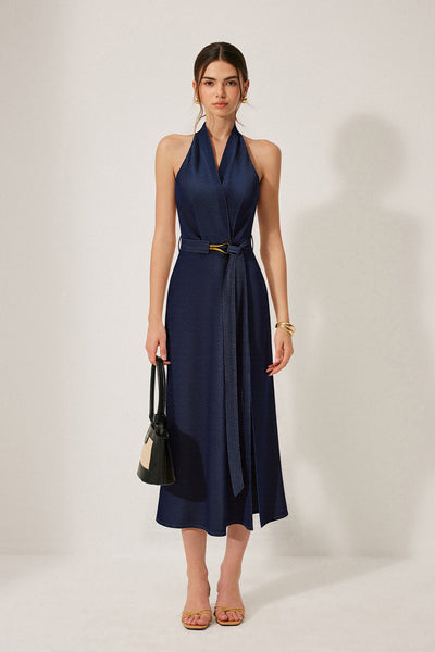 Robe midi en denim à ceinture et dos nu