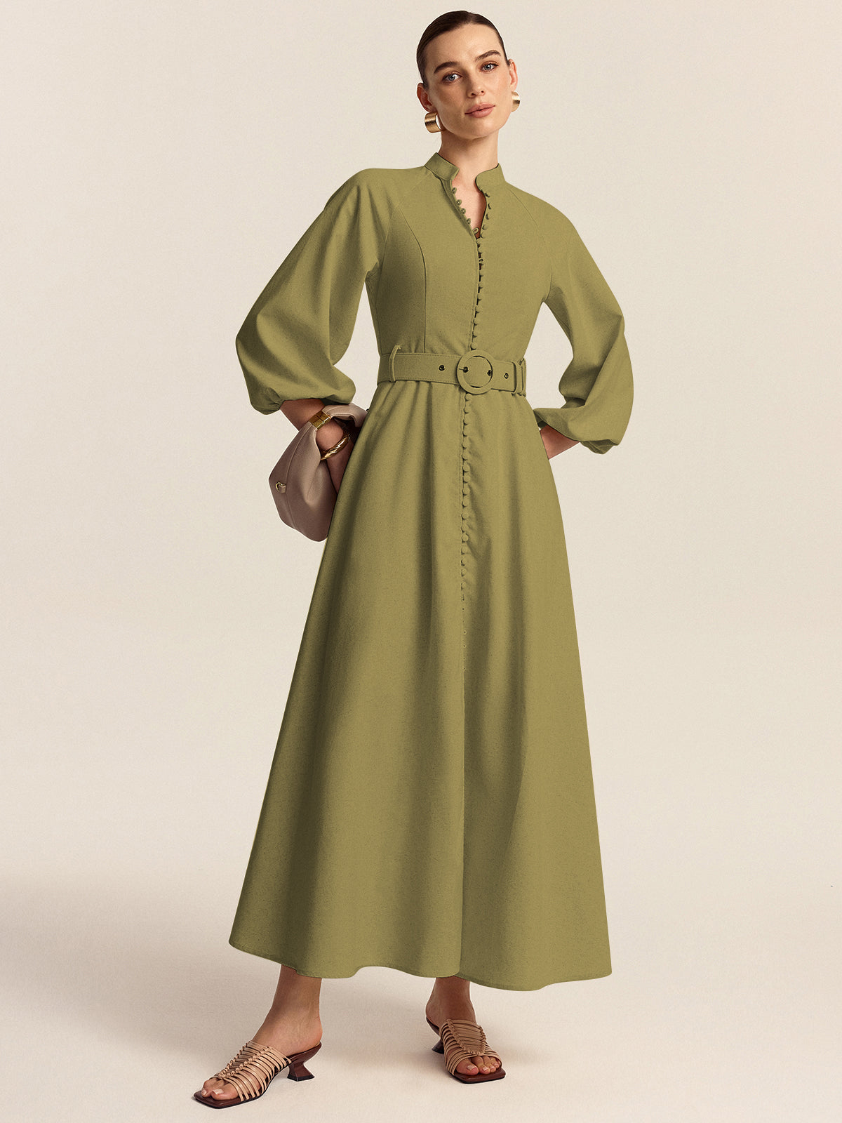 Robe longue à boutons sur le devant et ceinture