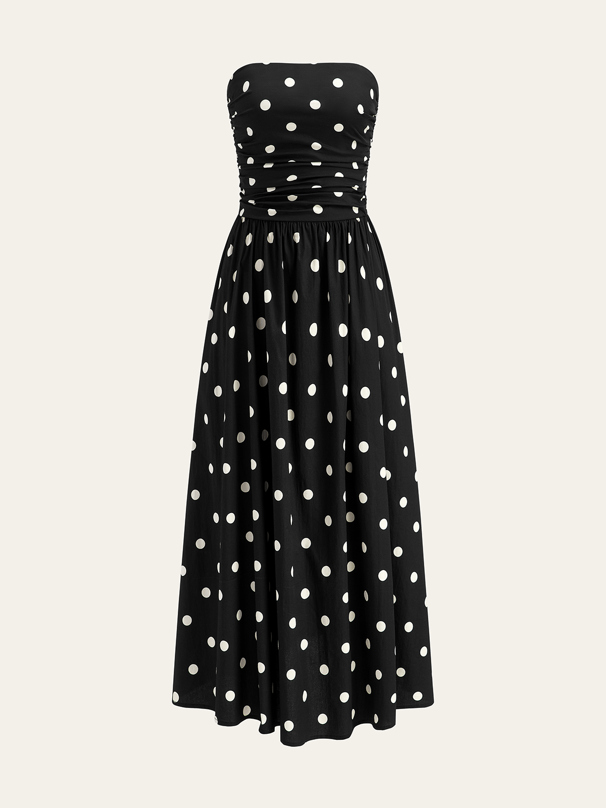 Robe midi froncée sans bretelles à pois