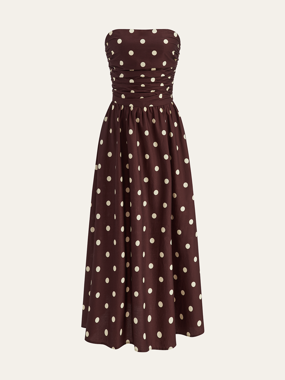 Robe midi froncée sans bretelles à pois