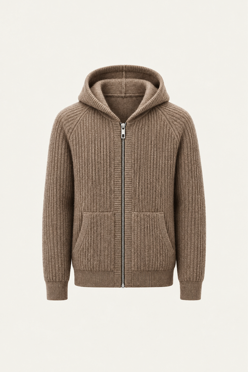 Velani Wool Hooded Zip Knit Brown