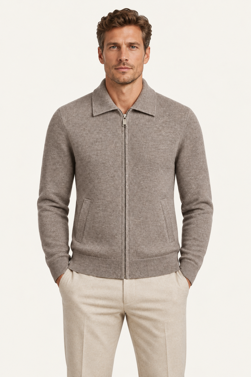 Teravo Merino Knitted Polo Cardigan Taupe