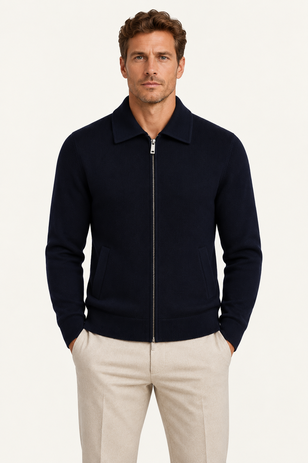 Teravo Merino Knitted Polo Cardigan Navy