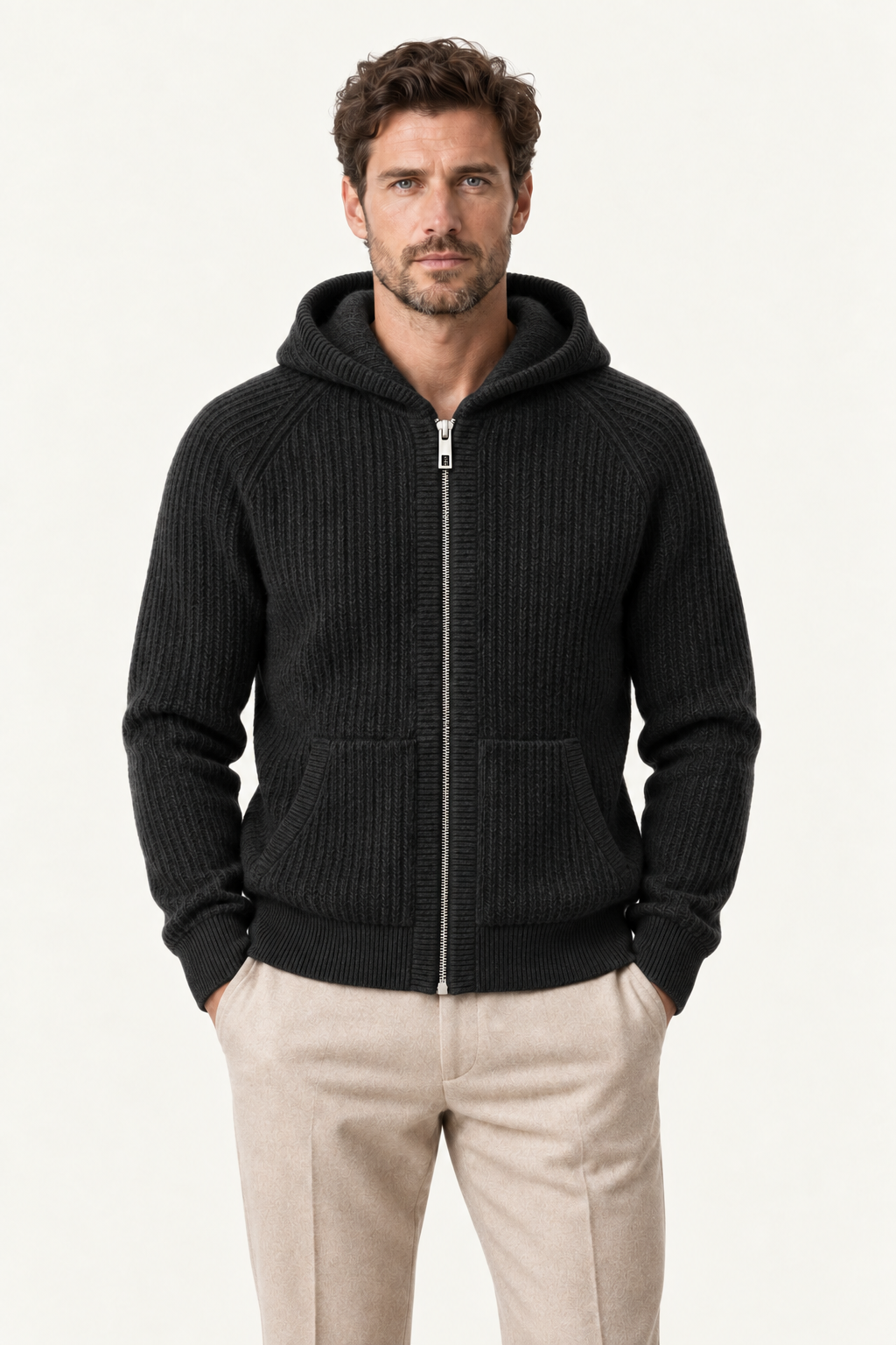 Velani Wool Hooded Zip Knit Black