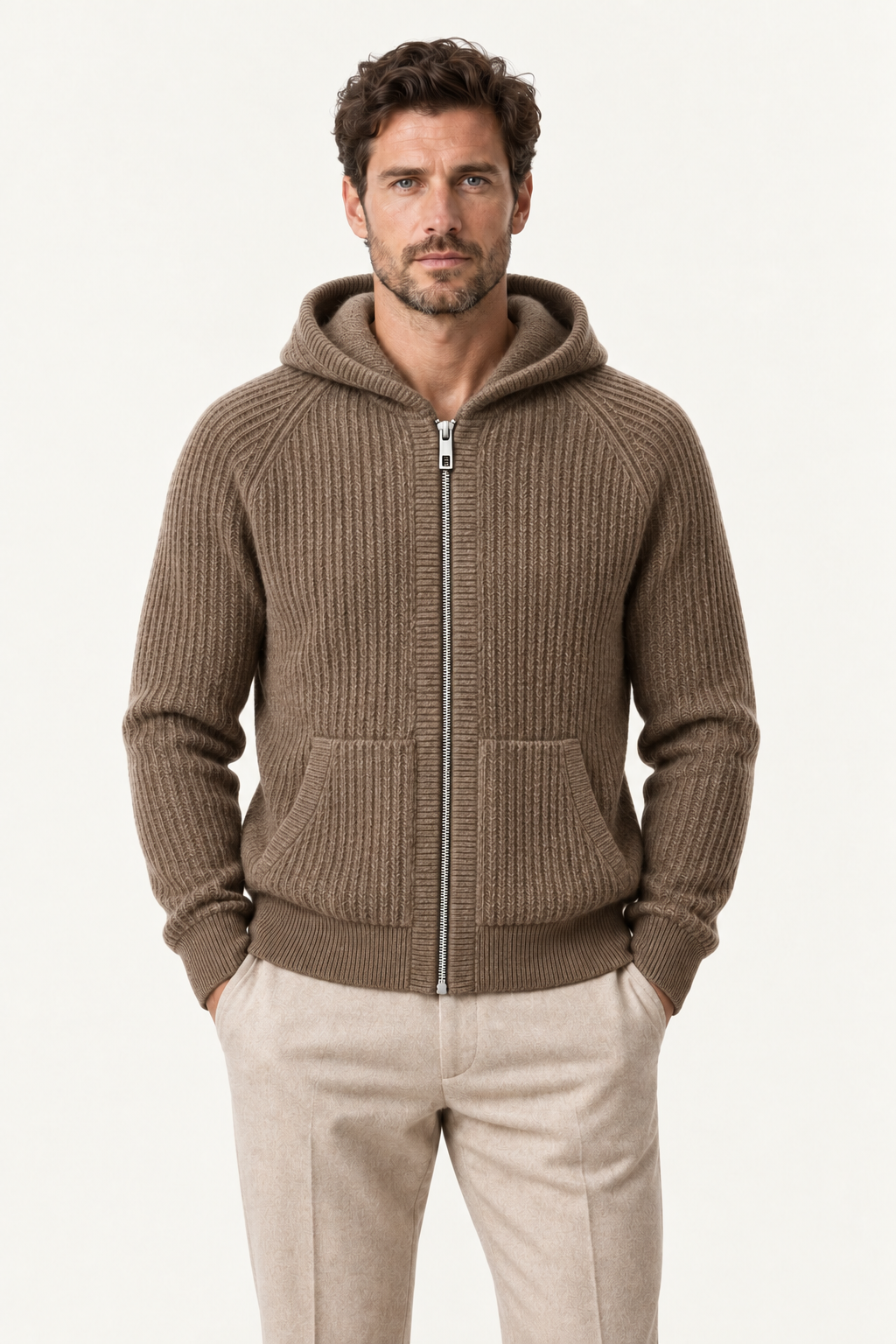 Velani Wool Hooded Zip Knit Brown