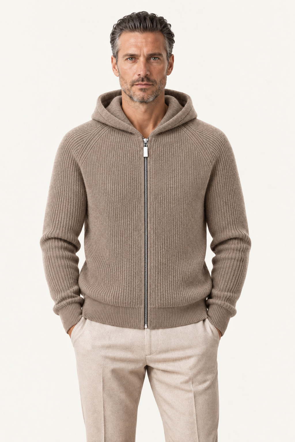 Zelano Wool Hooded Zip Knit Brown