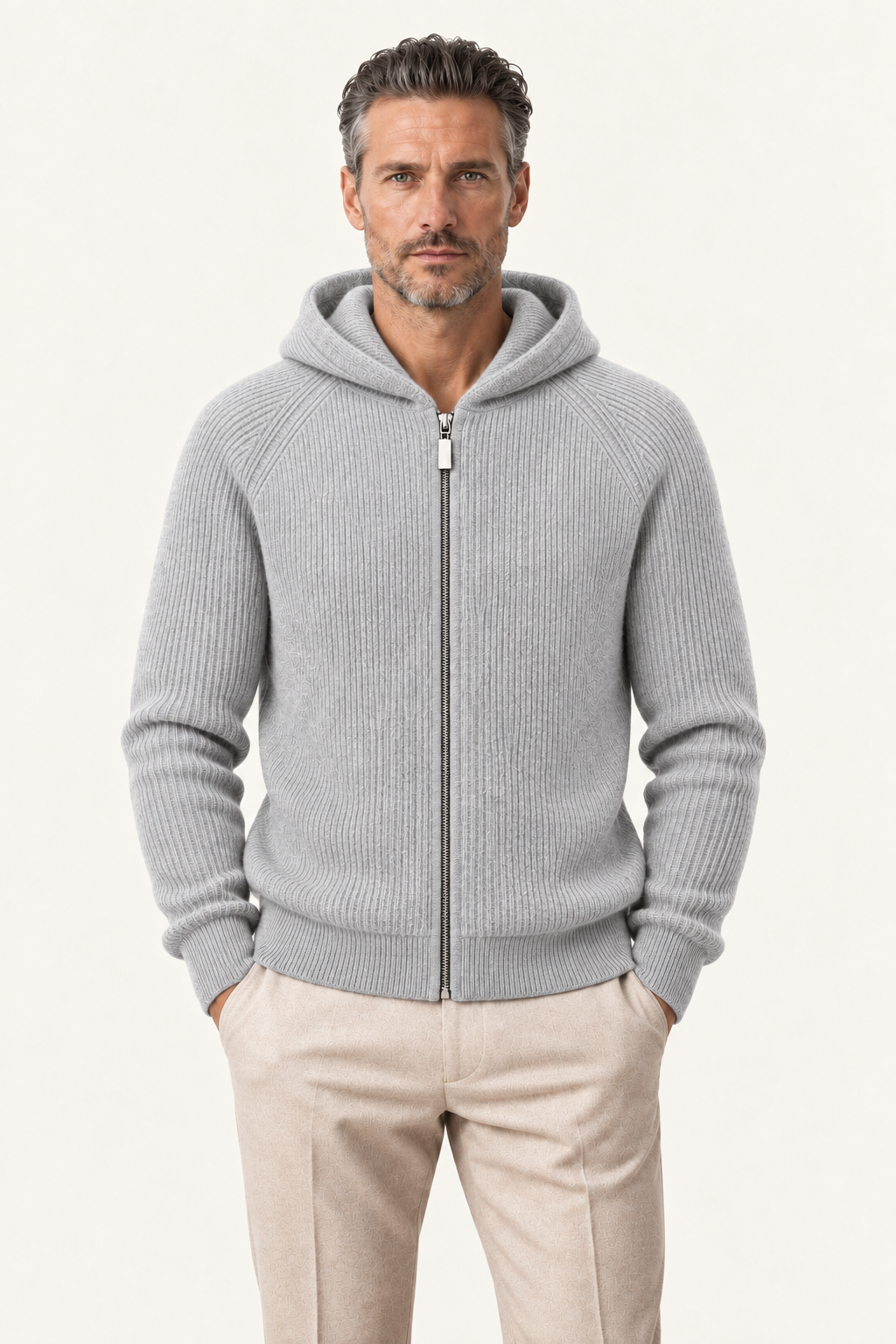 Zelano Wool Hooded Zip Up Light Grey