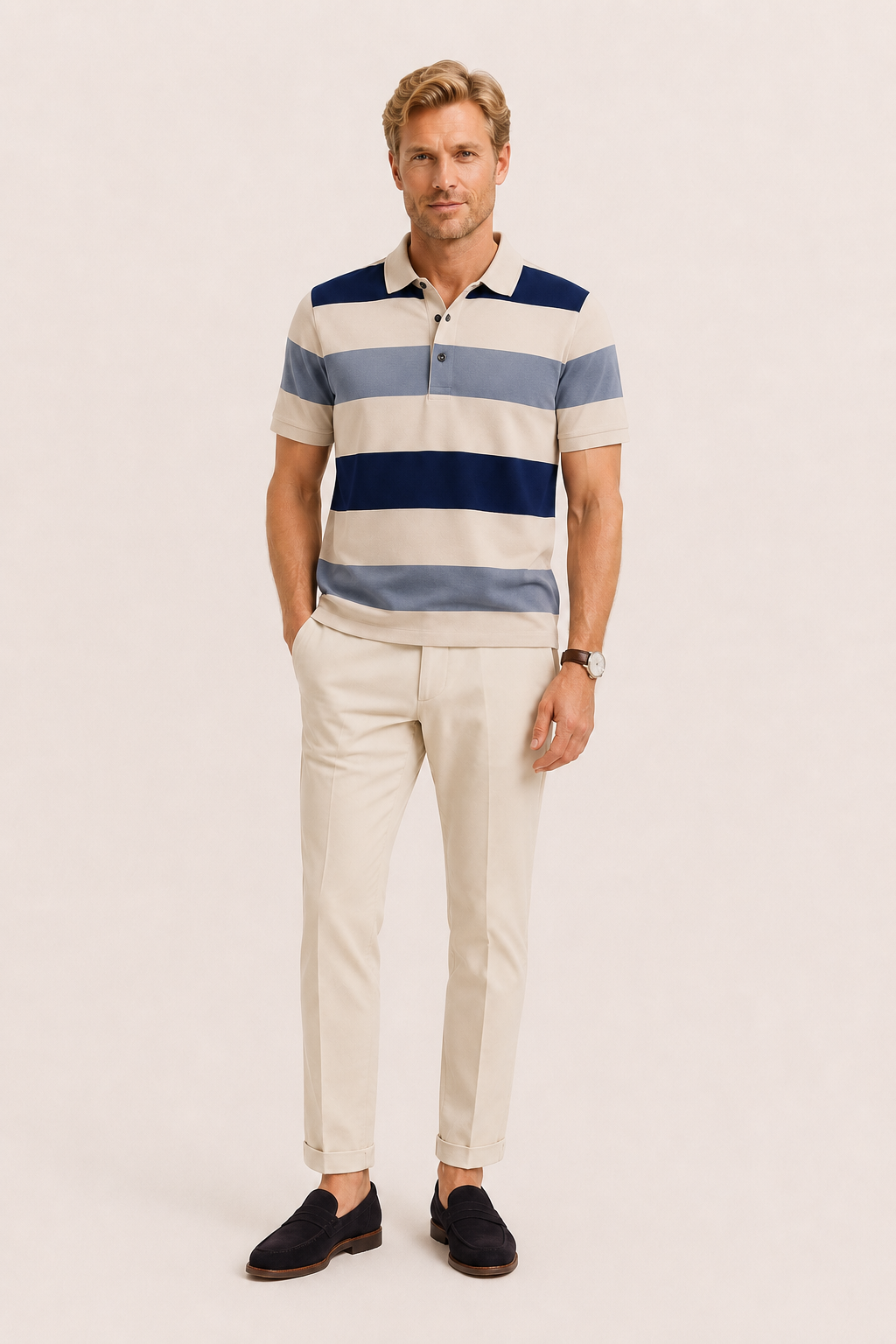Parello Striped Cotton Polo Khaki