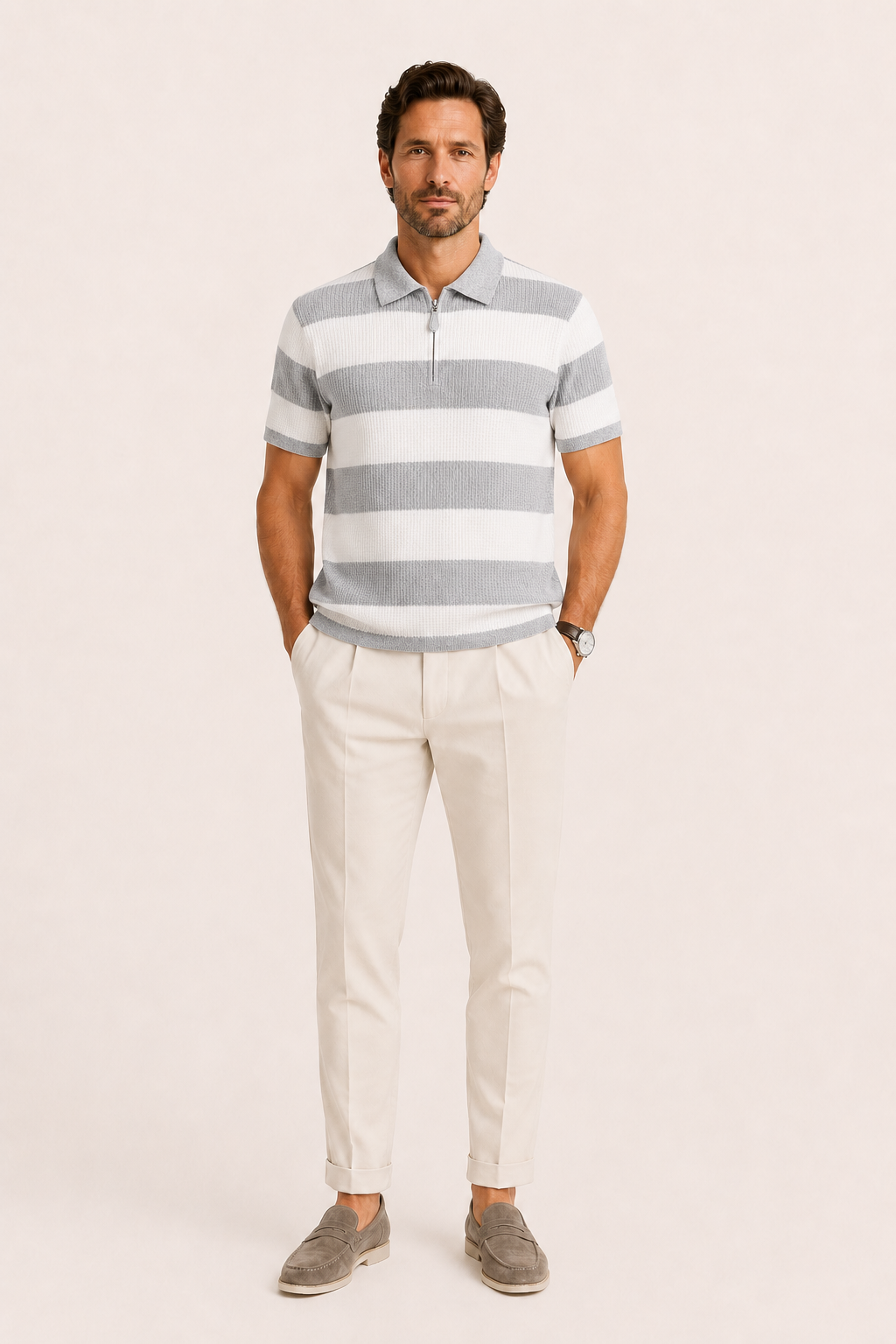 Vicero Striped Zip Polo Grey