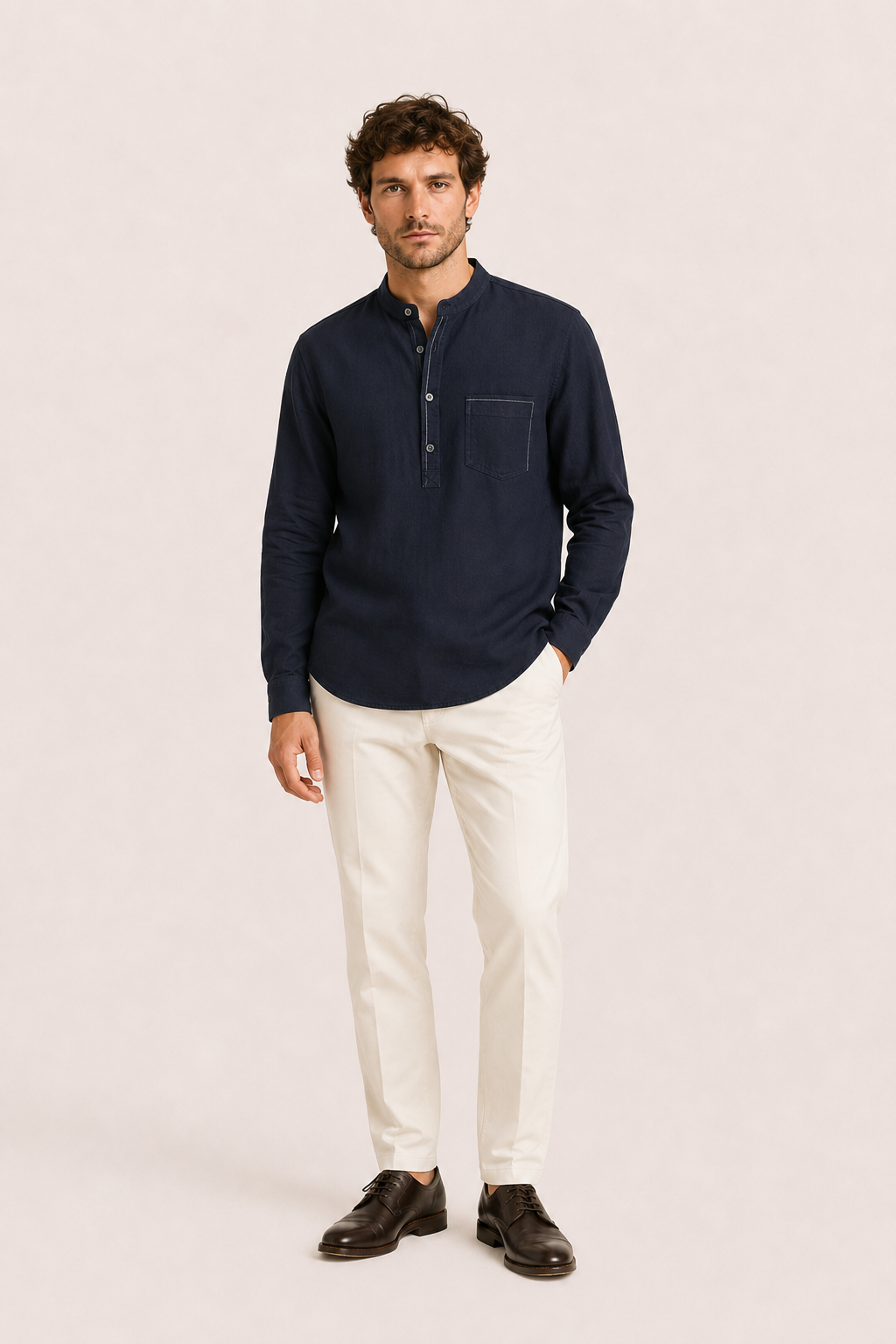 Gavero Linen Quarter Shirt Navy