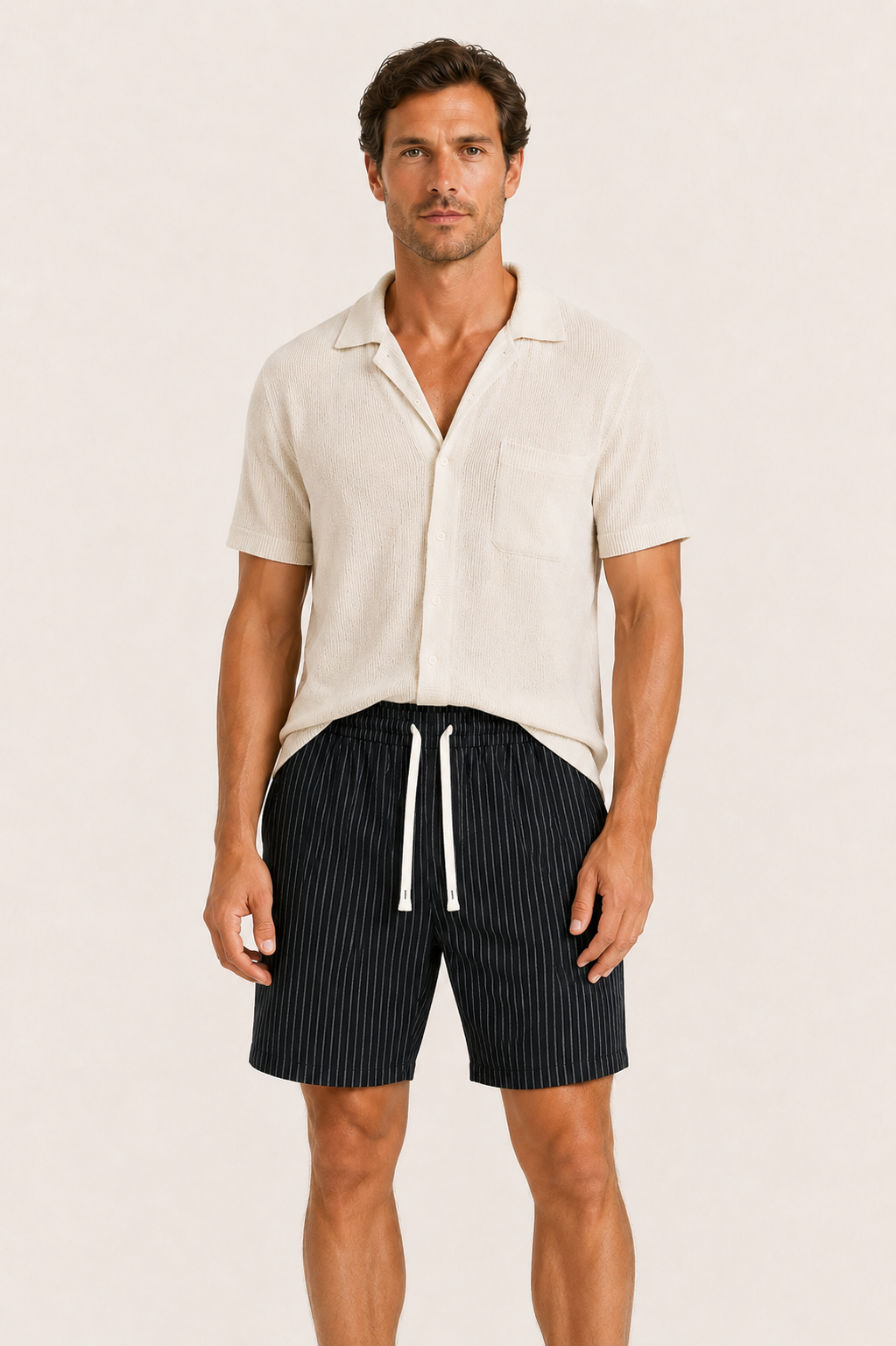Lenaro Linen Striped Short Black