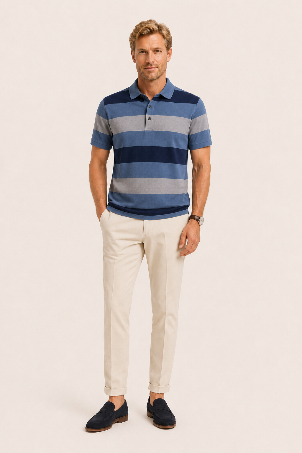 Parello Striped Cotton Polo Blue